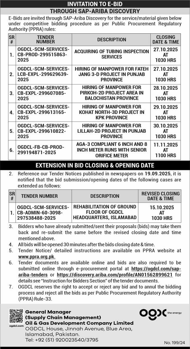 Oil & Gas Development Company Limited Islamabad Tender Notice
